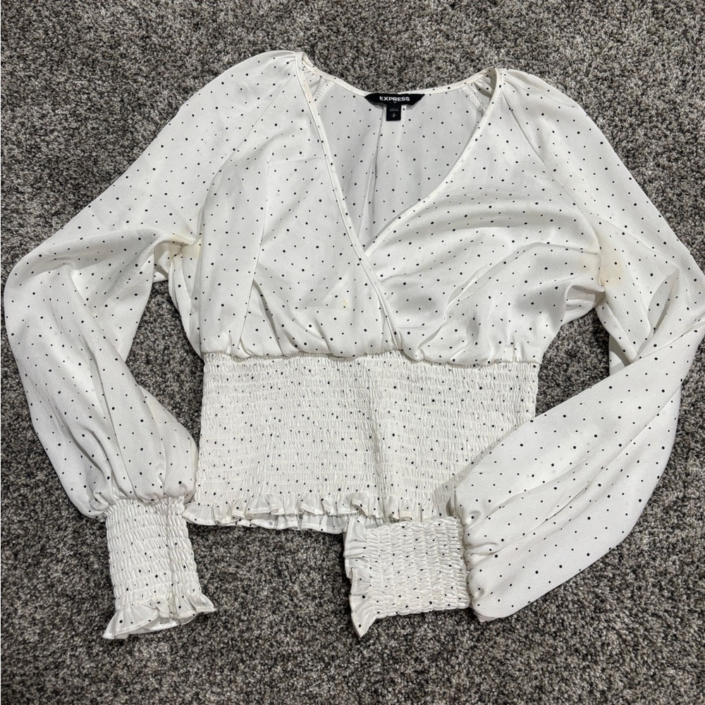 Express Cream White Polka Dot Smocked-Waist Blouse